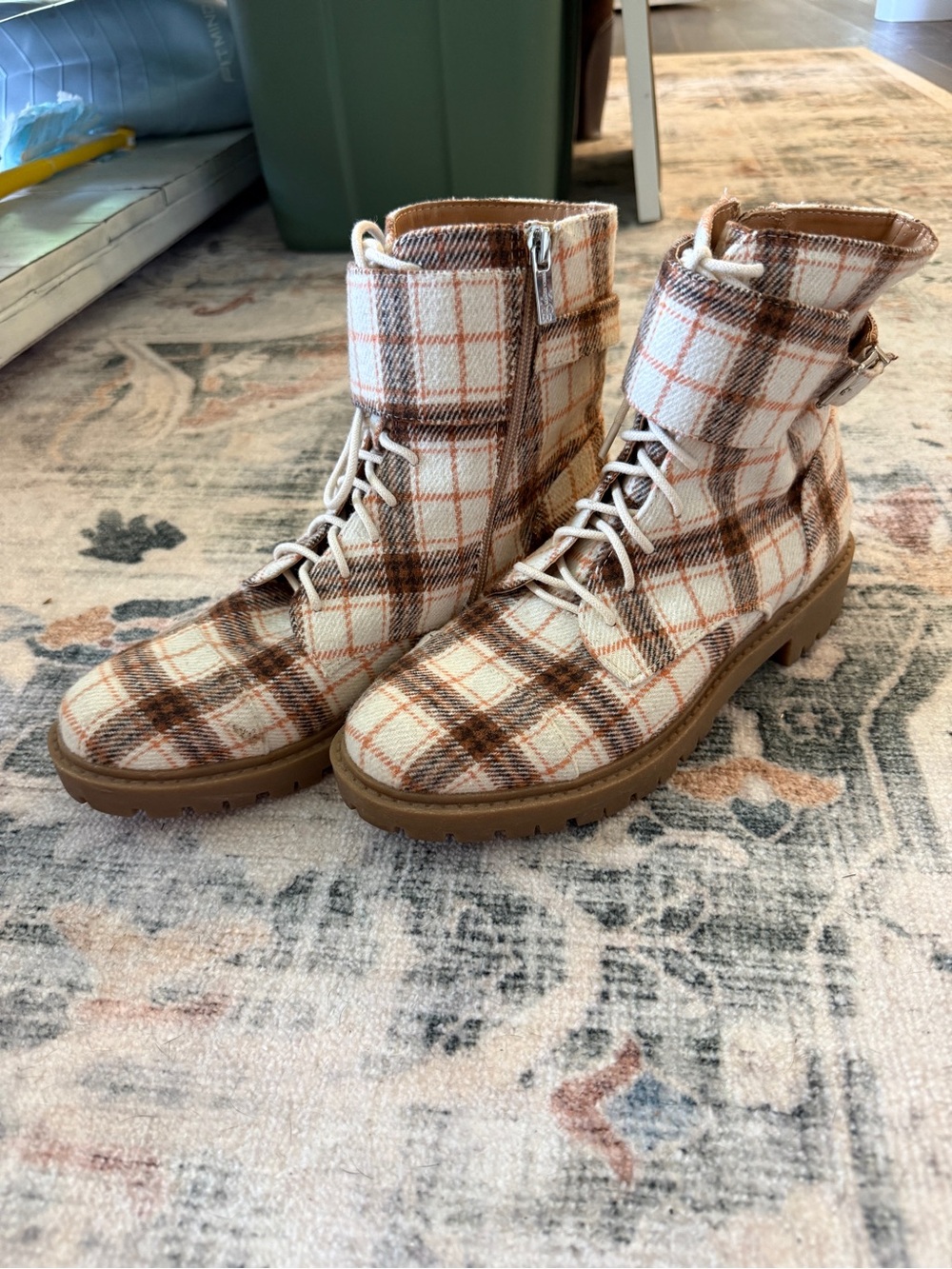 Plaid Flannel Lace-Up Combat Boots in Cream and Brown